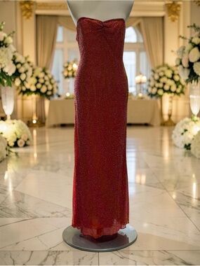 Elegant Strapless Sparkle Gown in Red Pink Orange